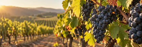 Blauwe wijndruiven in een wijngaard, AI-gegenereerd sfeerbeeld bij Tempranillo.