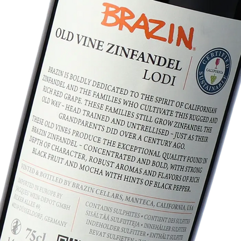 Brazin Old Vine Zinfandel label met zoom
