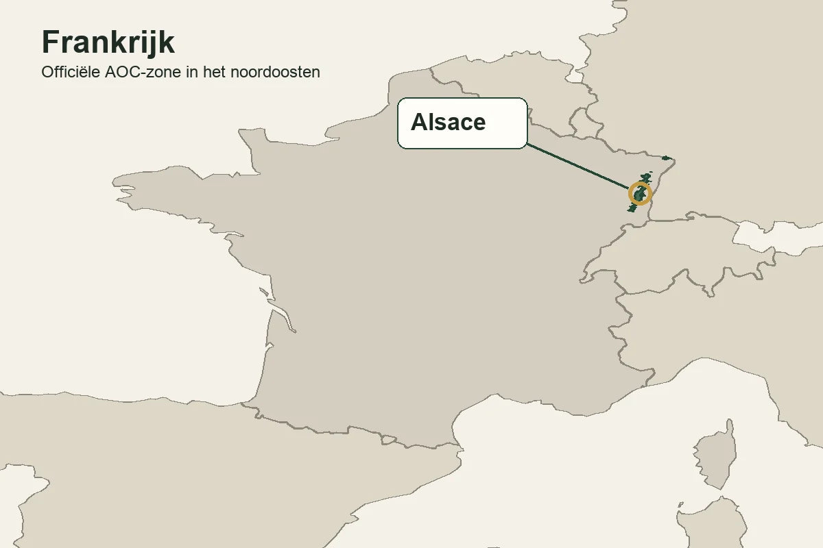 Een kaart van Frankrijk toont Alsace in het noordoosten.