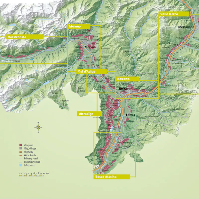 Kaart van de zeven wijnbouwzones van Alto Adige met de wijngaarden gemarkeerd