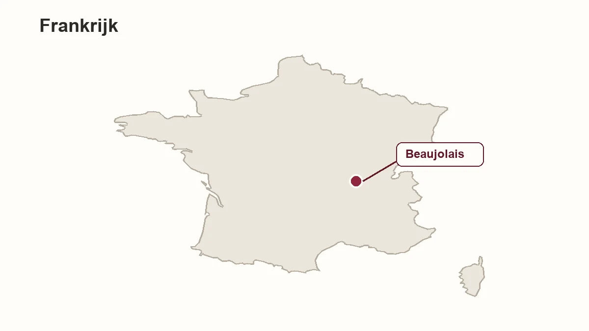 Kaart van Frankrijk met Beaujolais in het oosten van centraal Frankrijk gemarkeerd