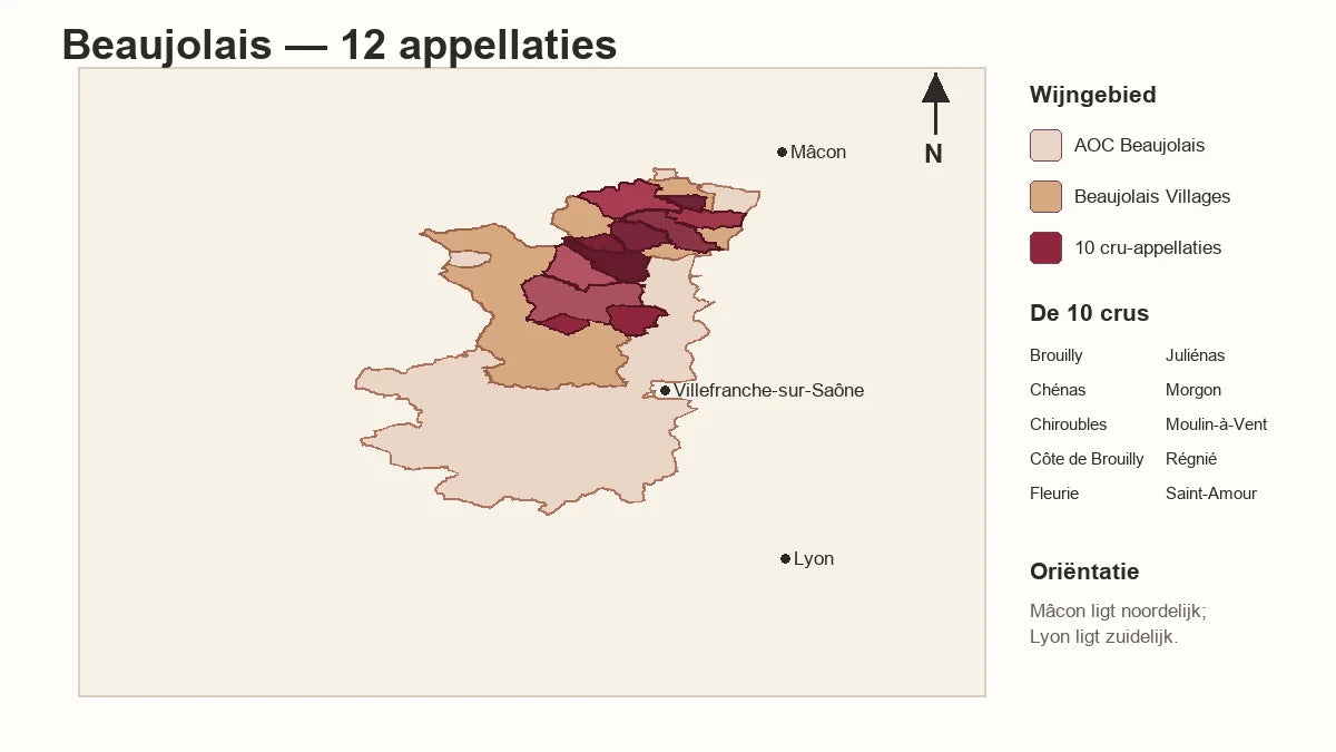 Kaart van de twaalf officiële herkomstbenamingen van Beaujolais tussen Mâcon en Lyon