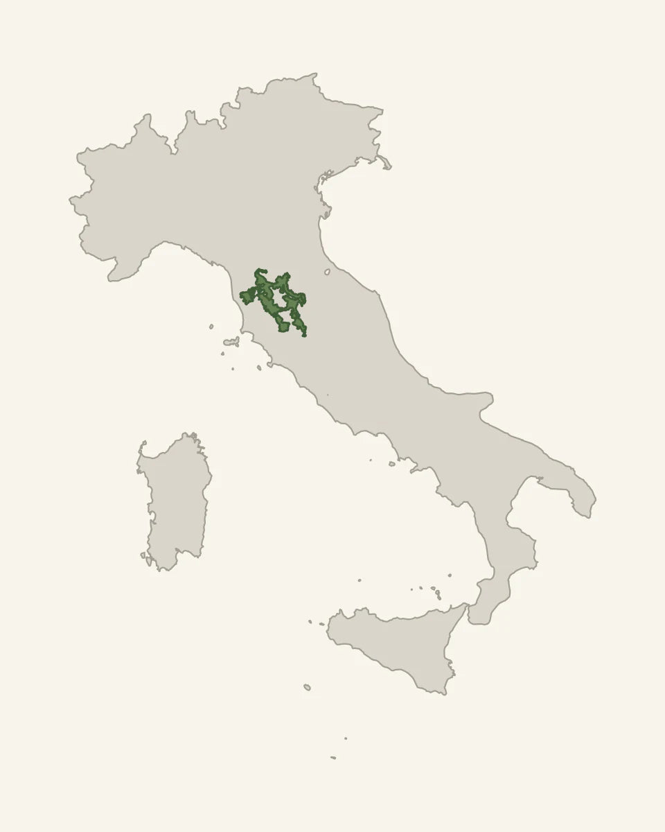 De kaart toont Italië met het verspreide wijngebied van Chianti DOCG in groen.