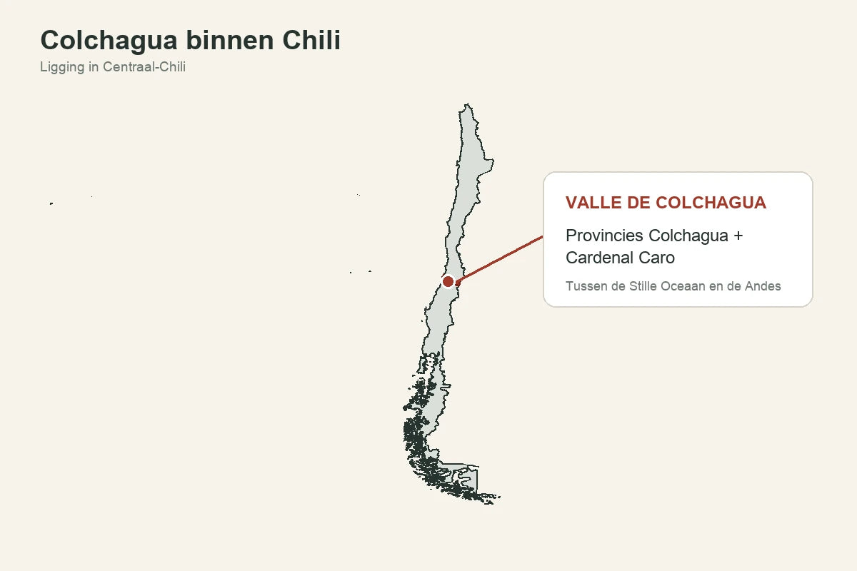 Kaart van Chili waarop de ligging van Valle de Colchagua in Centraal-Chili is gemarkeerd.