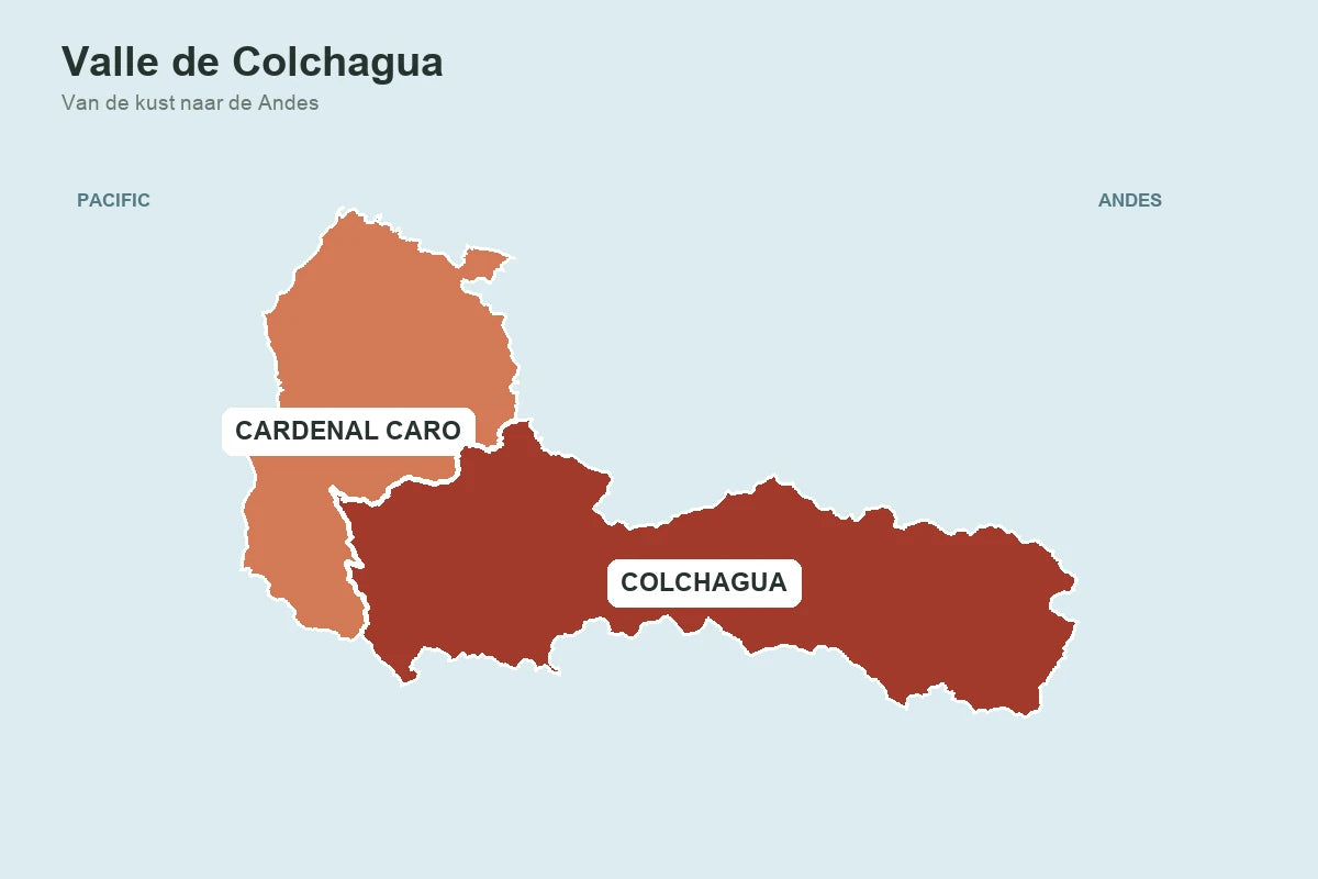 Kaart van Valle de Colchagua waarop de provincies Colchagua en Cardenal Caro tussen de Stille Oceaan en de Andes zijn gemarkeerd.