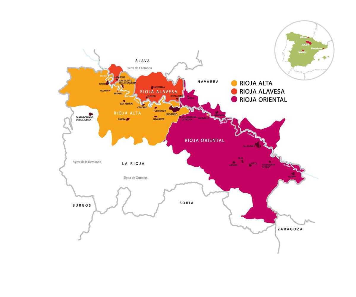 Kaart van DOCa Rioja met Rioja Alta, Rioja Alavesa en Rioja Oriental langs de Ebro