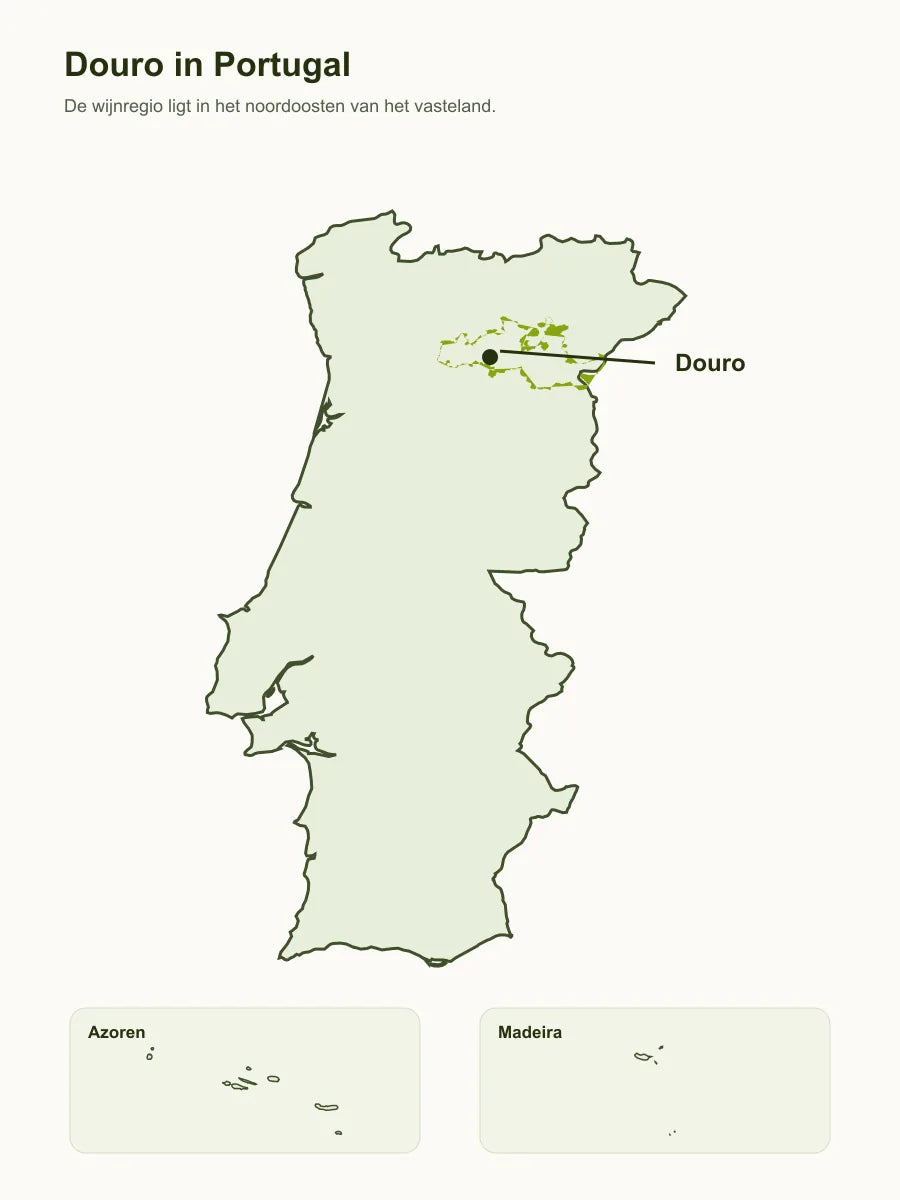 De landkaart van Portugal markeert de Douro-wijnregio in het noordoosten.
