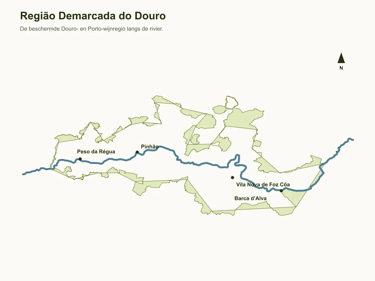 De detailkaart toont de afgebakende Douro-wijnregio langs de Douro-rivier.