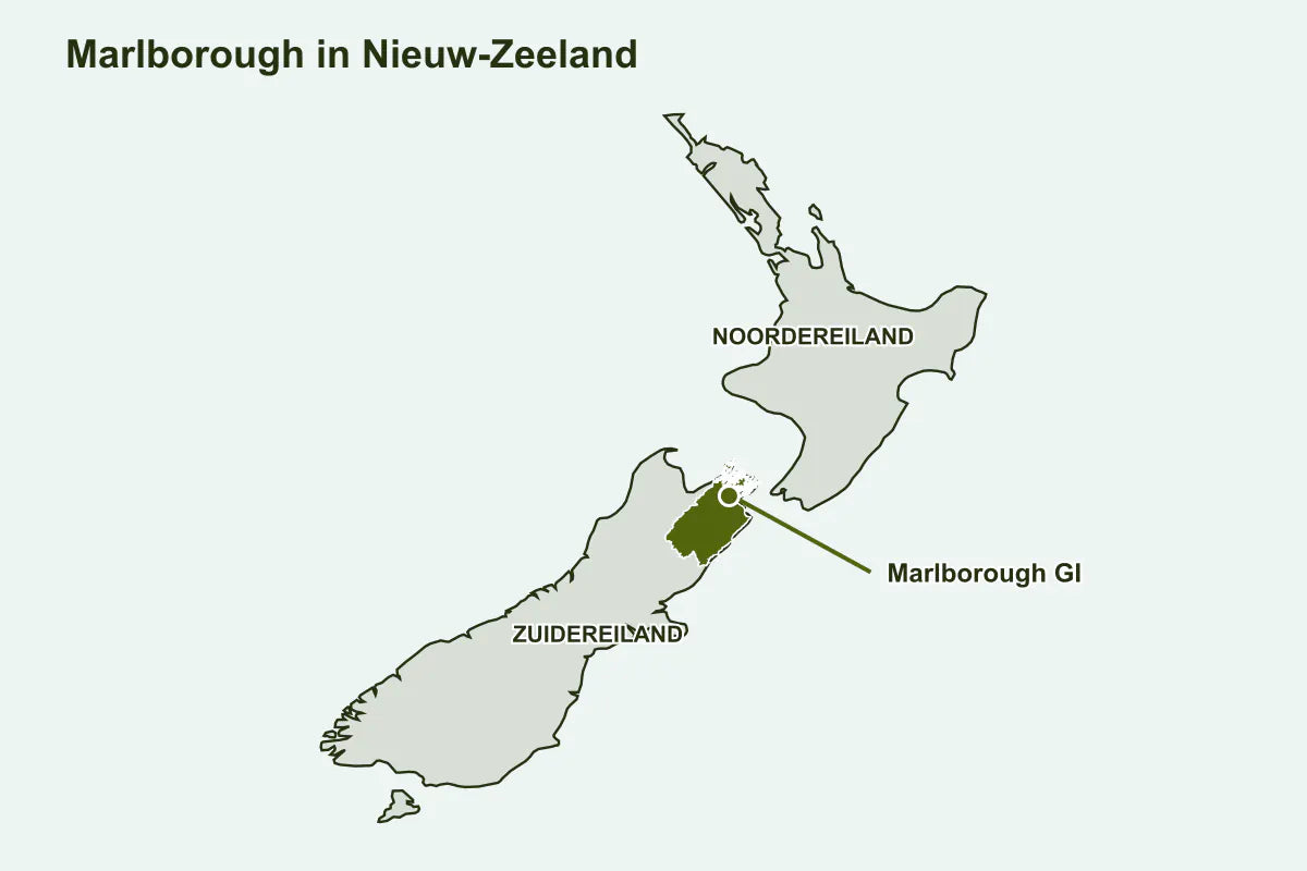 De kaart toont heel Nieuw-Zeeland met Marlborough gemarkeerd in het noordoosten van het Zuidereiland.