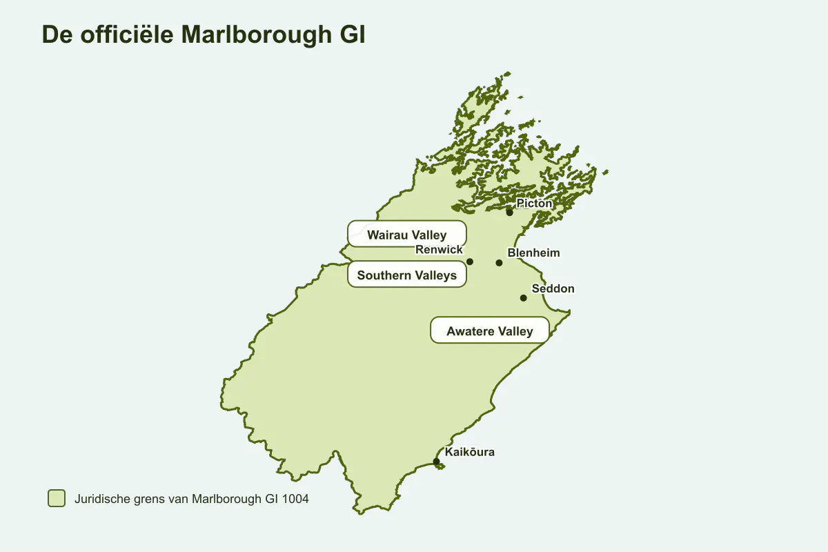 De kaart toont de officiële Marlborough-wijn-GI met de wijnzones Wairau Valley, Southern Valleys en Awatere Valley.