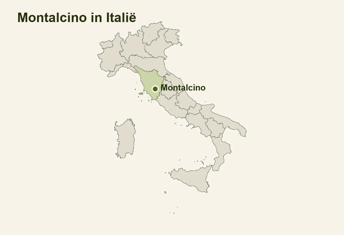 Kaart van heel Italië met Toscane en Montalcino duidelijk gemarkeerd