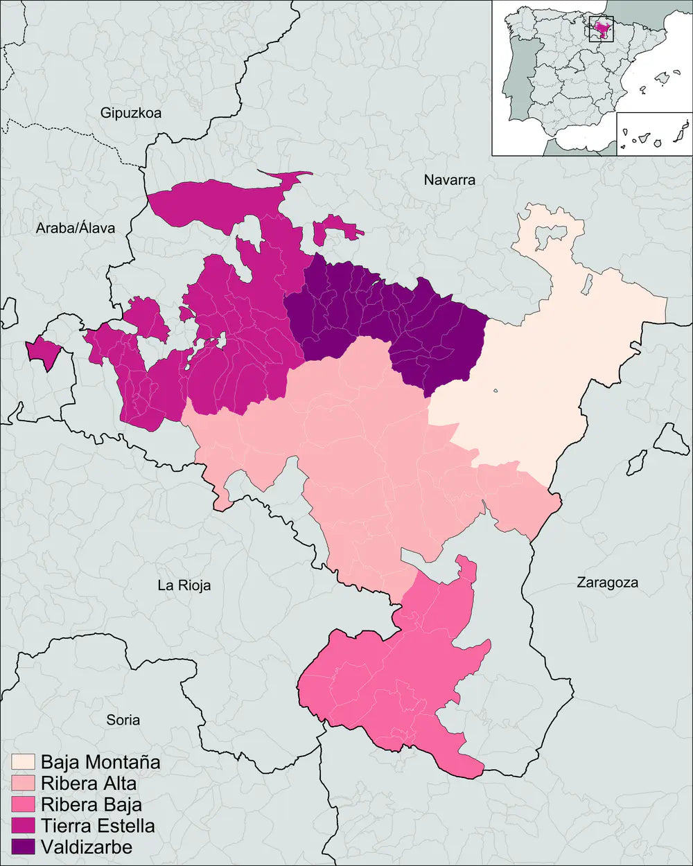 Een kaart toont D.O. Navarra en de vijf officiële productiezones.