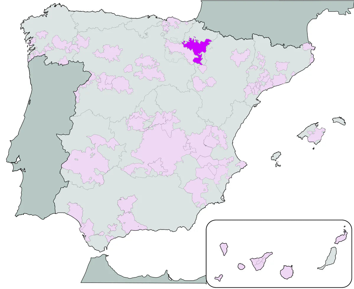 Een kaart van Spanje markeert D.O. Navarra in het noorden.