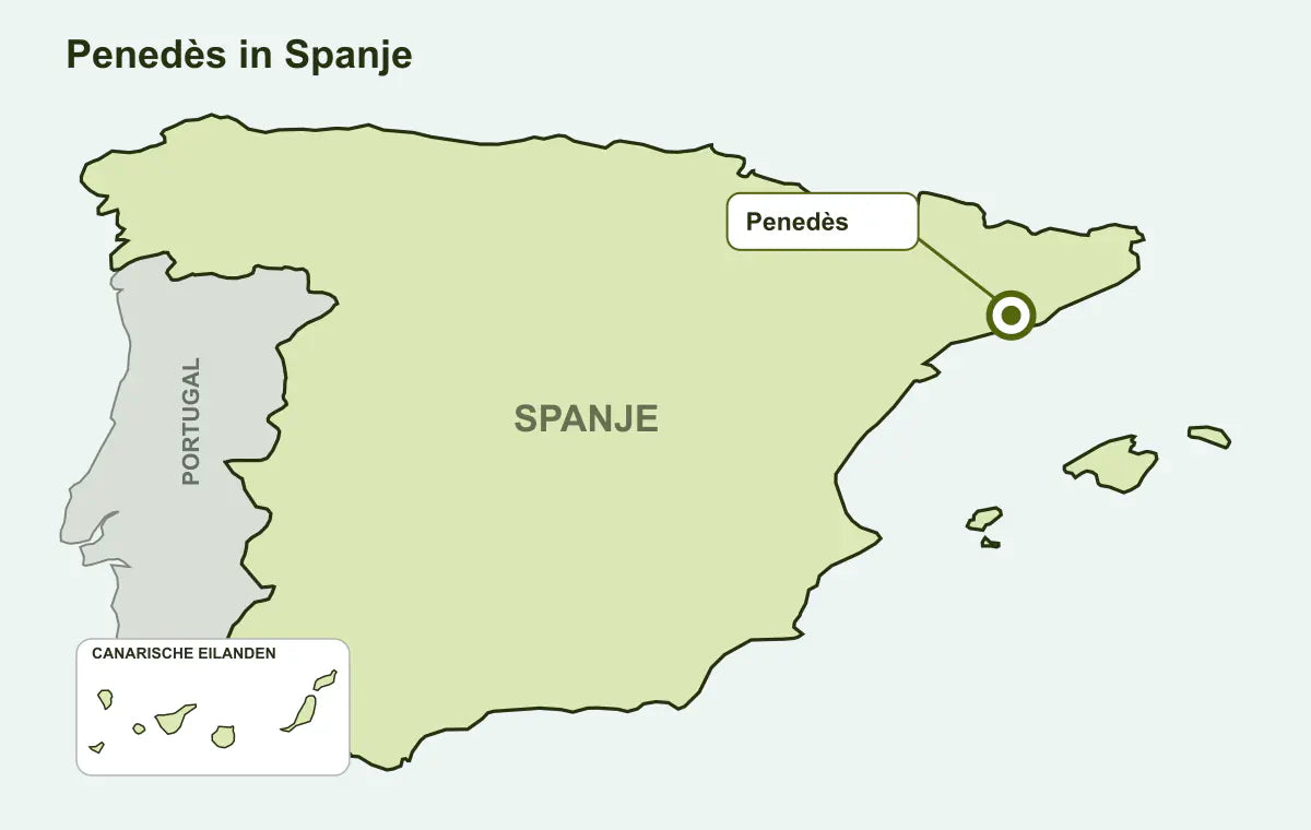 Kaart van Spanje met Penedès gemarkeerd aan de noordoostelijke kust