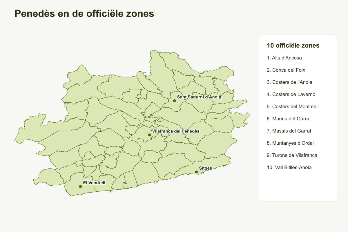 Kaart van het wijngebied Penedès met de tien officiële zones