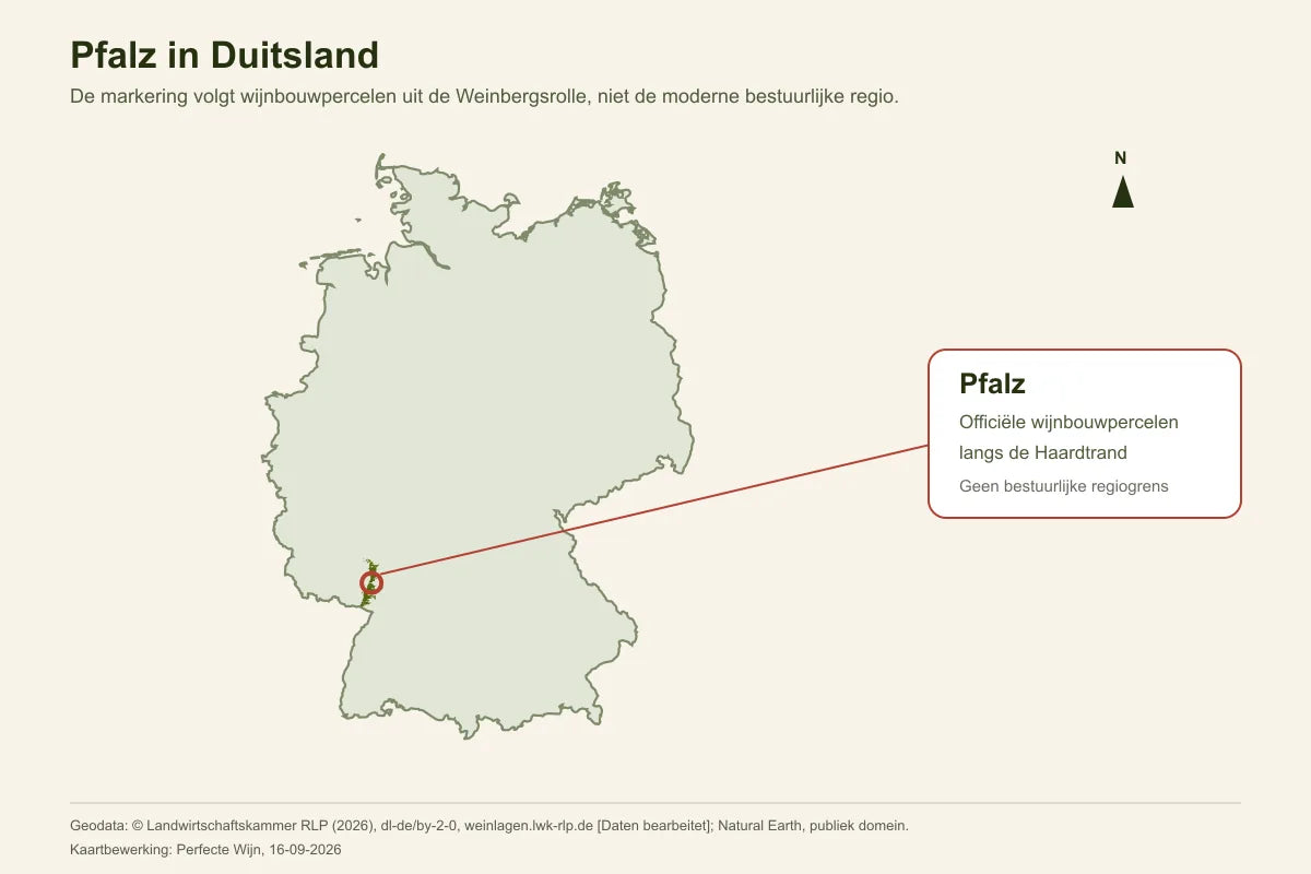 Kaart van Duitsland met de officiële wijnbouwpercelen van Pfalz gemarkeerd langs de zuidwestelijke landsgrens
