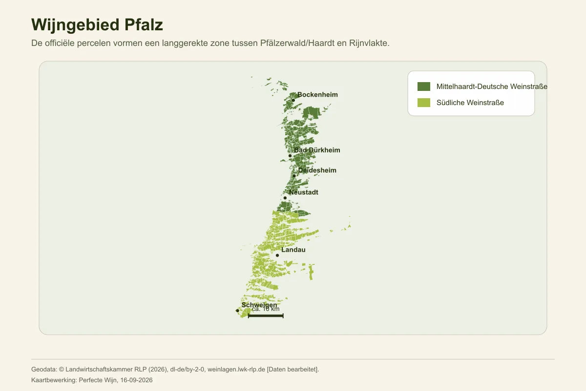 Kaart van het officiële wijngebied Pfalz met het noordelijke deelgebied Midden-Haardt/Duitse Wijnroute en het zuidelijke deelgebied Zuidelijke Wijnroute