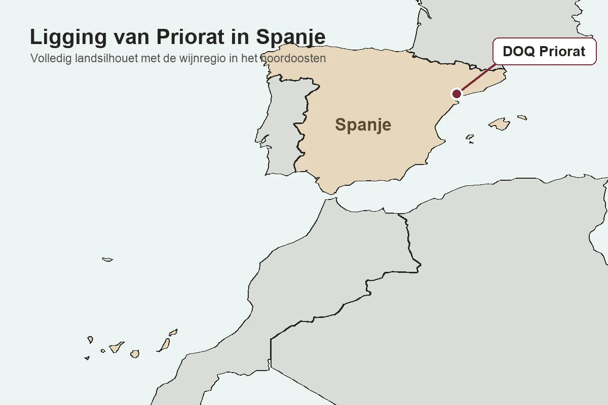 Kaart van Spanje met wijnregio DOQ Priorat gemarkeerd in het noordoosten