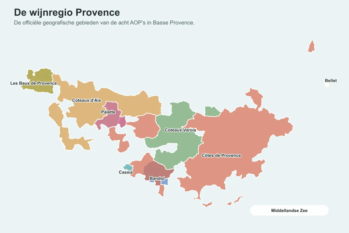 Een kaart toont de acht beschermde wijngebieden van Provence: Côtes de Provence, Coteaux d’Aix-en-Provence, Les Baux de Provence, Coteaux Varois en Provence, Cassis, Bandol, Bellet en Palette.