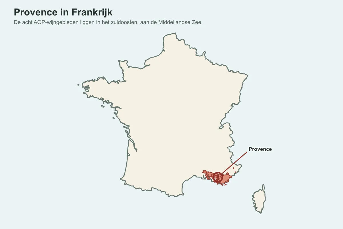 Een kaart van Frankrijk toont de acht beschermde wijngebieden van Provence in het zuidoosten.