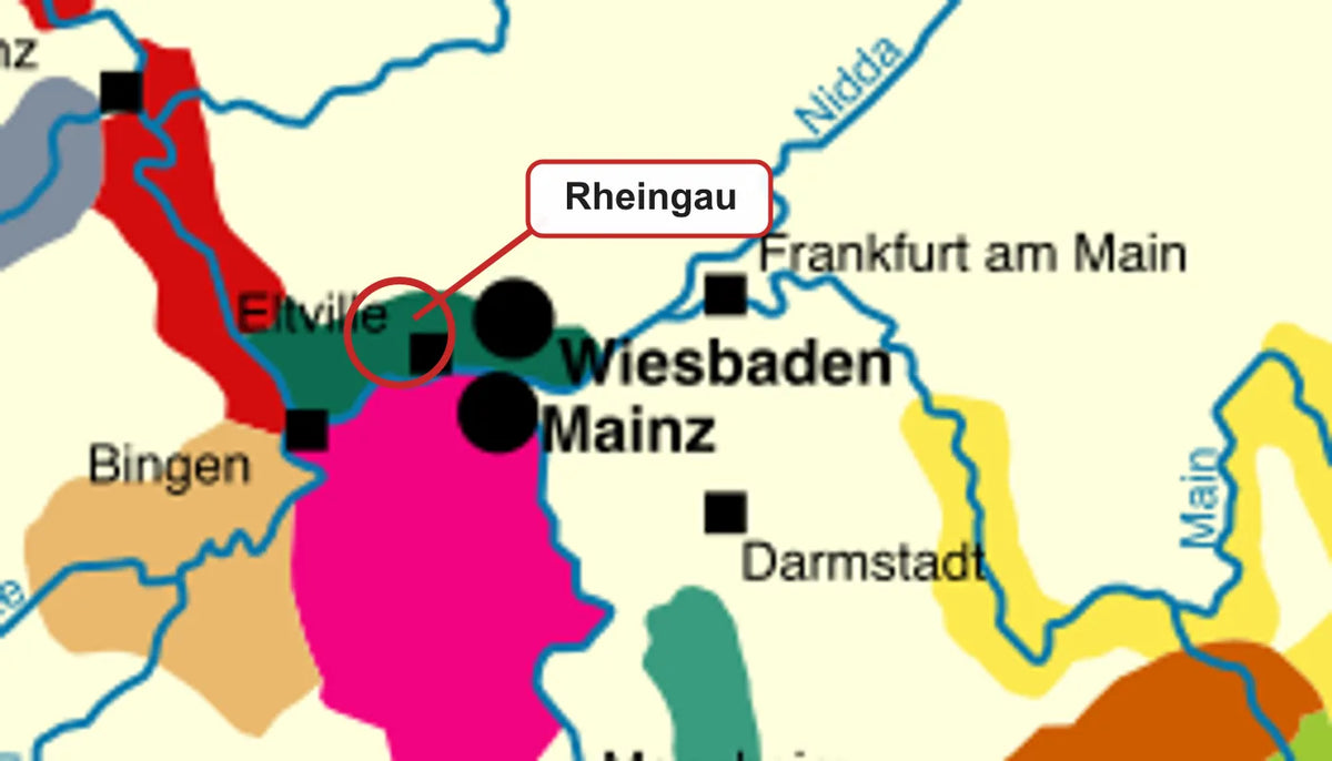 Detailkaart van het officiële wijngebied Rheingau langs de Rijn en de Main tussen Bingen, Wiesbaden en Frankfurt