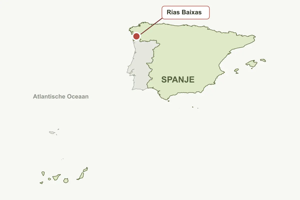 Op de kaart van Spanje is Rías Baixas in Galicië gemarkeerd.