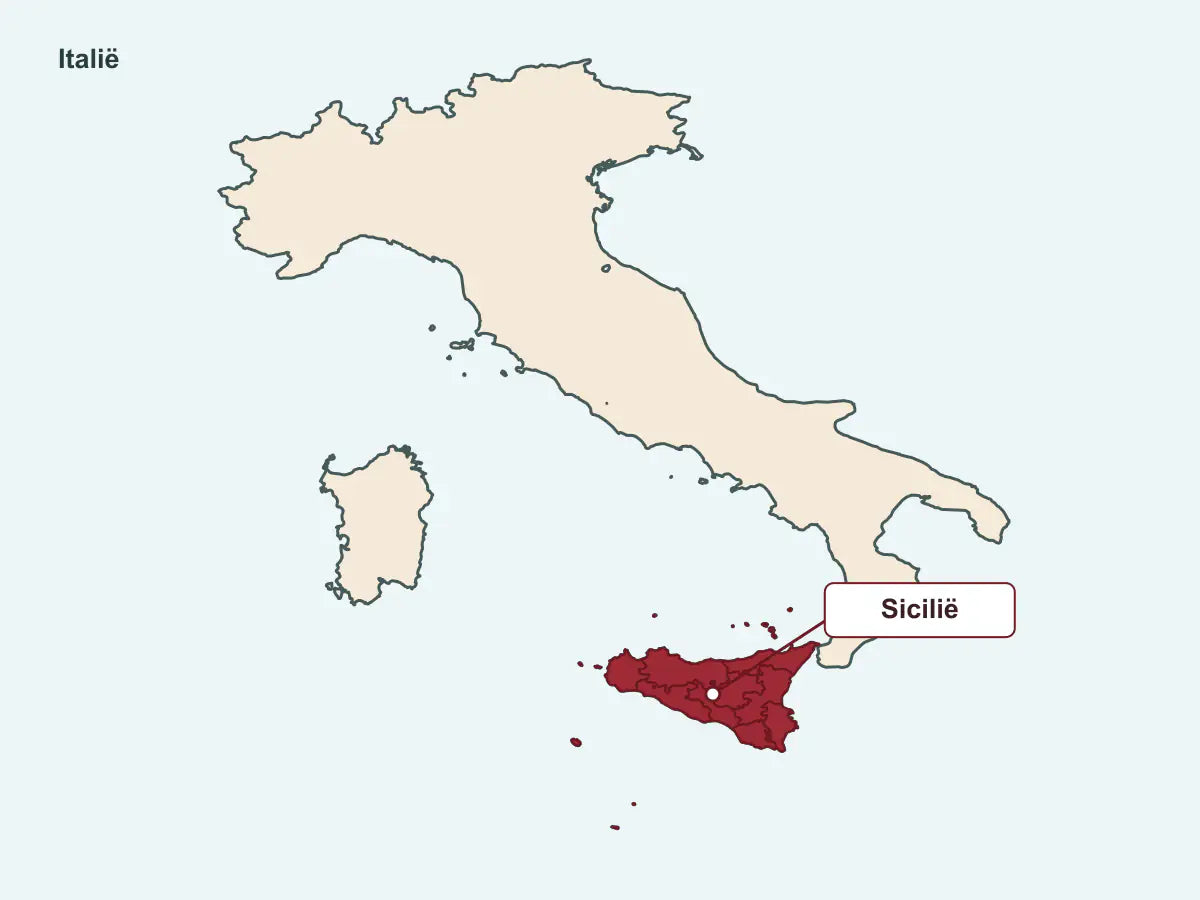 Een kaart toont heel Italië en markeert Sicilië op de juiste geografische plaats.