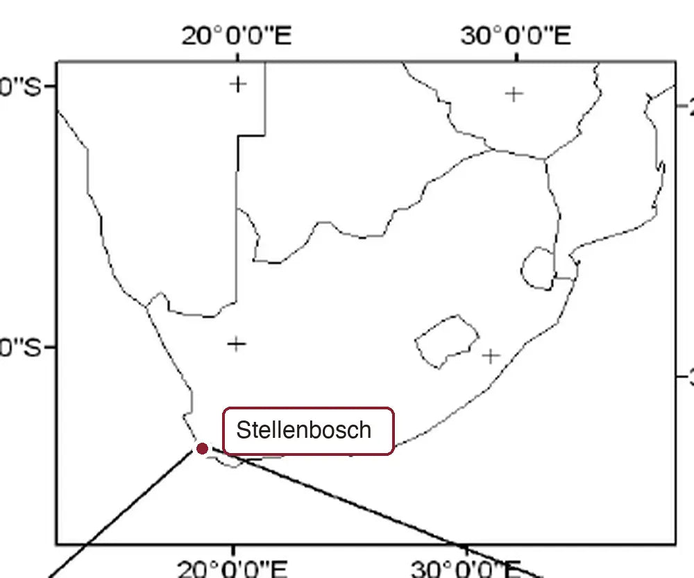 De kaart toont heel Zuid-Afrika met Stellenbosch gemarkeerd in de zuidwestelijke Kaap.