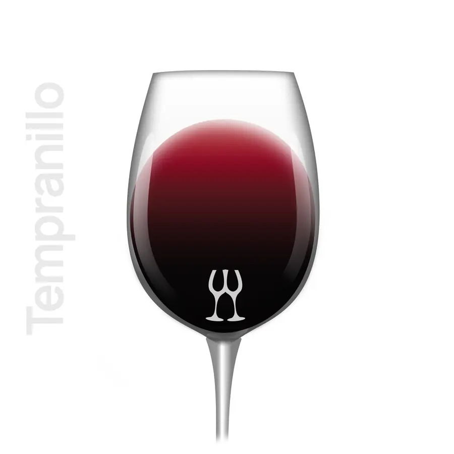 Indicatieve kleur van Tempranillo in het glas; herkomst, oogstjaar en wijnbereiding kunnen de tint veranderen.