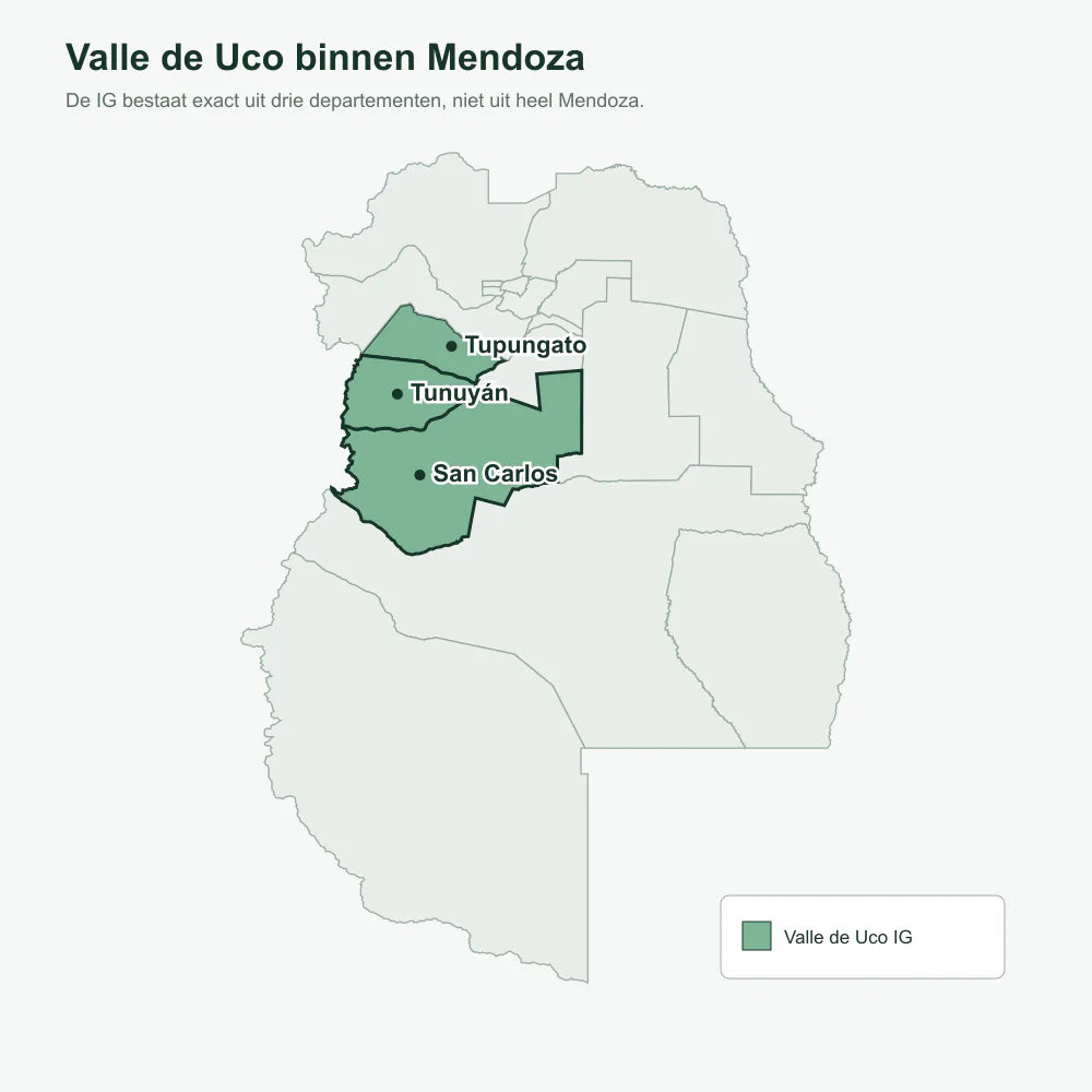 Kaart van Mendoza met de Valle de Uco-departementen Tupungato, Tunuyán en San Carlos